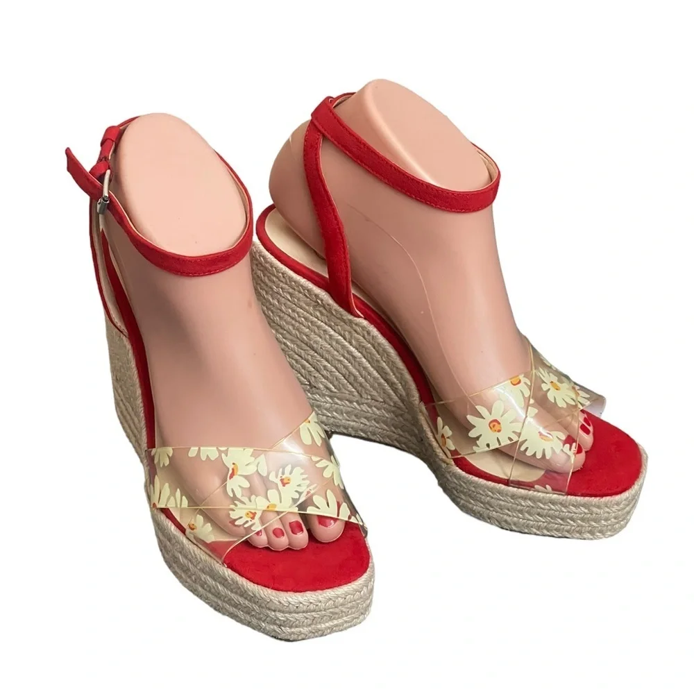 Jessica Simpson Semie Floral Jelly‎ Strap Espadrille Wedge Sandal Womens 7M Red